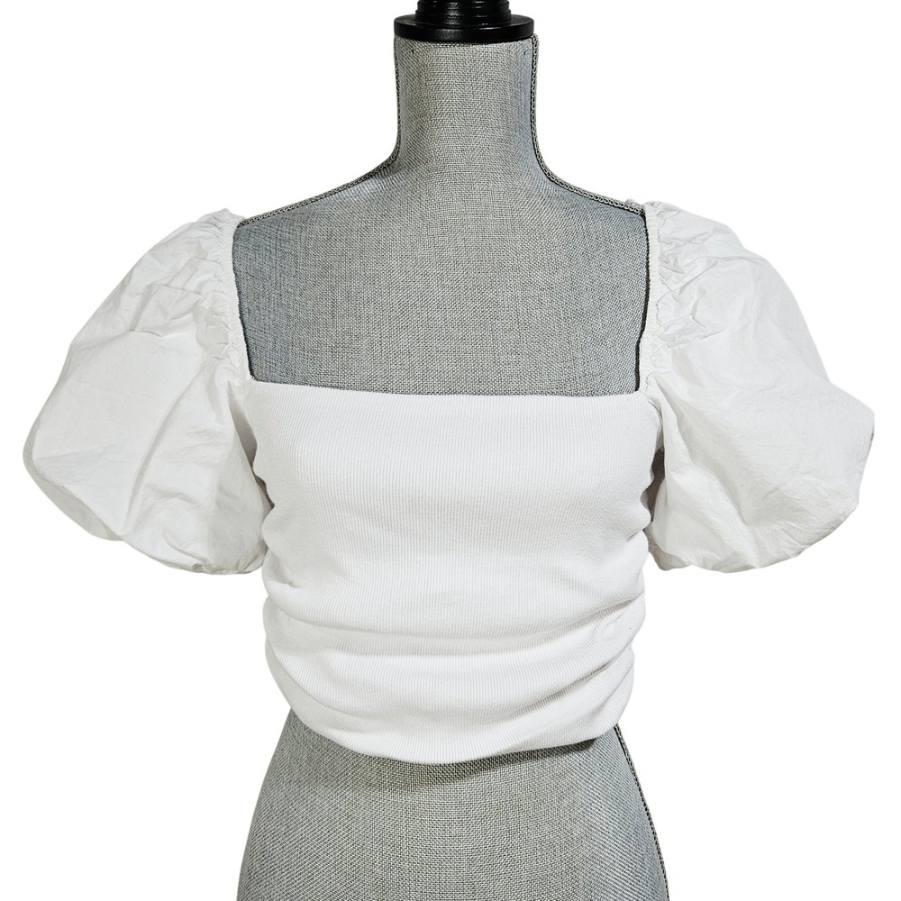 Zara White Puff Sleeve Ribbed Ruched Cropped Top M Cottagecore Romantic Feminine